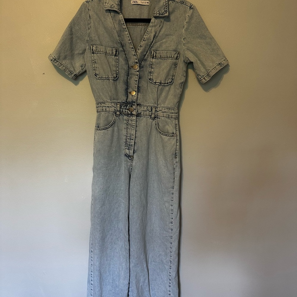 Zara Blue Denim Overalls with Belted Waist